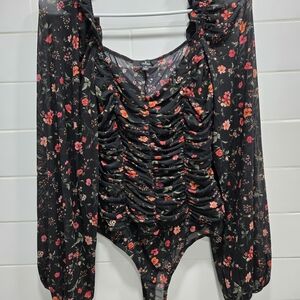 Lulu's Black Floral Ruched Bodysuit